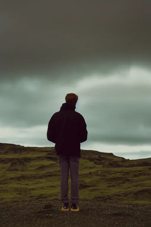 Image similar to kodak color plus 2 0 0 photograph of a skinny guy looking at beautiful iceland scenery, back view, vaporwave colors, grain, moody lighting, moody aesthetic,