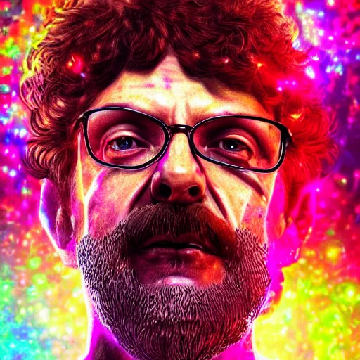 Image similar to terence McKenna posing seductively with psychedelic mushrooms, psychedelic, fractal, cinematic lighting, dramatic, octane render, full body, trending on artstation, perfect facial symmetry, bokeh, 8k, intricate, hyper detailed