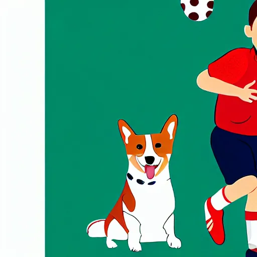 Image similar to illustration of boy playing football with a corgi wearing a polkadot scarf on the streets of paris