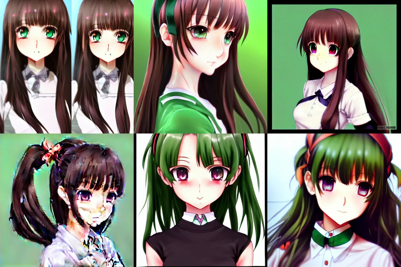 Prompt: very beautiful green eyed anime high-school girl, complete body view, coral brown hair, ponytail, white ribbon, full perfect face, realistic, detailed school background, artstation, 120 degree view, drawn by Artgerm, Sasoura, Satchely, no distortion