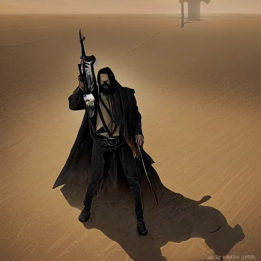 Prompt: a catholic priest with pale skin and black beard, revolver at side, crucifix around neck, similar to roland deschain, shadowy, in middle of desert, art by michael whelan, horror art, science fantasy, highly detailed, hq, trending on artstation, gritty