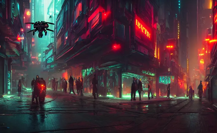 Prompt: close wide angle shot of a matte painting environment design of dystopian cyberpunk alley with neon lights, people on the streets being monitored by flying drones, trending on artstation, painted by dreadjim, eddie mendoza, james paick, ultra realistic, volumetric lighting, 4k, octane render