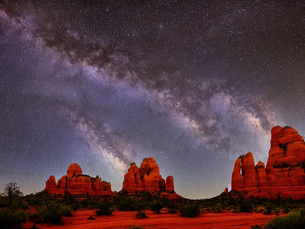 Image similar to long distance shot, sedona's cathedral rock bluff, night, milky way, intricate lines, elegant, extreme detail, sharp focus, photo realistic, ultra realistic, photographic