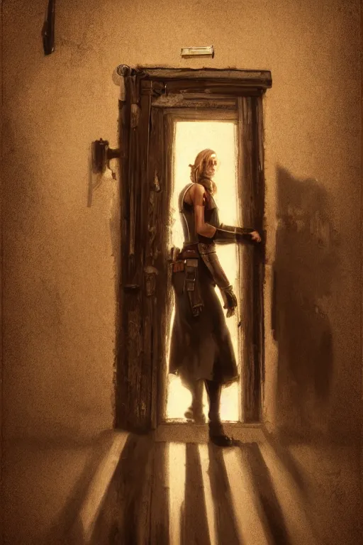 Prompt: an environmental concept art of a female gunslinger, back to camera, standing in the doorway of an open saloon door, old west town, highly detailed, cinematic, dramatic lighting, close shot by francis tneh