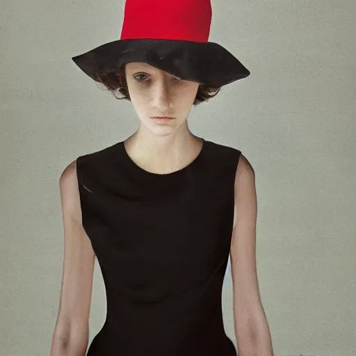 Prompt: length portrait of girl in a red hat and black dress, fine art portrait photography by paolo roversi, volumetric lighting, very detailed, high resolution,