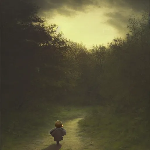 Prompt: high - angle view, shot from 5 0 feet distance, baby yoda strolls on a well lit path in a dimly lit forest. dramatic clouds, setting sun. oil on canvas painting,, light, shadow, contrast, detailed, depth, volume, chiaroscuro, drama, quiet intensity, serene, willem kalf,