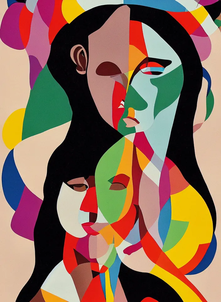 Image similar to graphic design, close portrait of a beautiful woman by milton glaser and lilian roxon, detailed