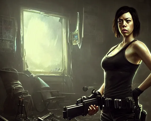 Prompt: a gaming screenshot still portrait of aubrey plaza in resident evil, deep focus, d & d, fantasy, intricate, elegant, highly detailed, digital painting, artstation, concept art, matte, sharp focus, illustration, cyberpunk dark fantasy style art, hearthstone, art by artgerm and greg rutkowski and alphonse mucha