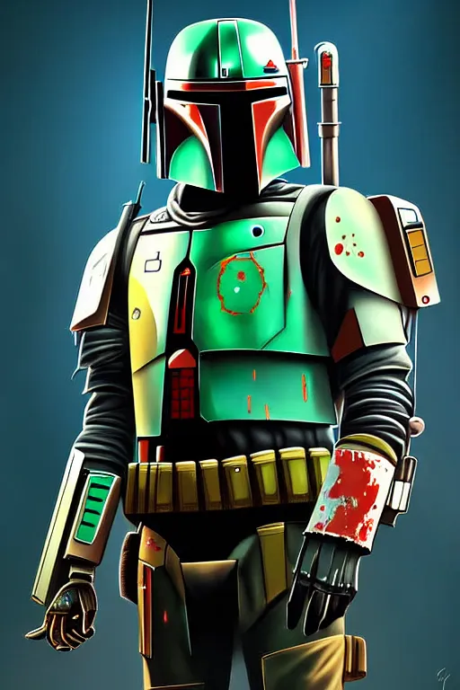 Image similar to futuristic portrait art of an armored cyberpunk boba fett, futuristic style boba fett, game screenshot from cyberpunk 2 0 7 7