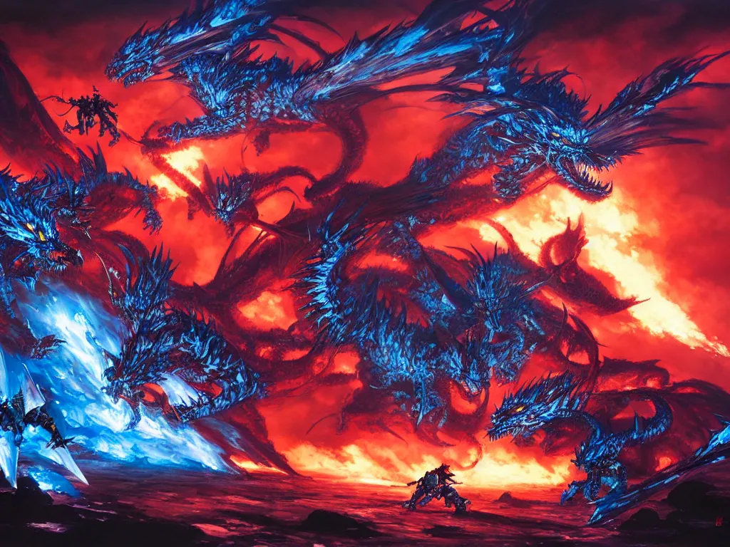 Image similar to battle between ice dragons and fire dragaons, cinematic lighting, epic proportions, collaborative painting by greg ruthowski, michael whelan, yoji shinkawa, collaboarative artwork, exquisitely high quality and detailed, artstation