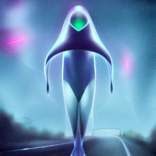 Prompt: cgi hyperintelligent ethereal manta ray alien from beyond the stars in the middle of a busy road, wearing an odd hooded cowl, with fairy lights inside the fabric like shimmering stars, cgi, proper anatomy, sci fi fantasy, ultrarealism, pixar, trending on artstation