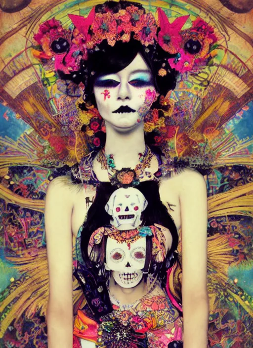 Image similar to cute punk goth fashion hippy fractal Día de los Muertos android girl wearing kimono made of circits posing by Zhang Jingna, psychedelic dada collage by Hannah Höch Käthe Köllwitz Victor Moscoso Rick Griffin Alphonse Mucha Gustav Klimt Ayami Kojima Amano Charlie Bowater, masterpiece