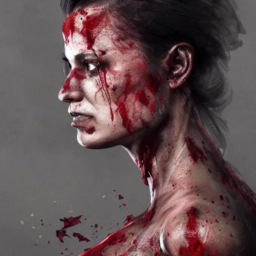 Image similar to portrait painting of a muscular bloodied dark nepali female butcher back, tattooed, scars, ultra realistic, concept art, intricate details, eerie, highly detailed, photorealistic, octane render, 8 k, unreal engine. art by artgerm and greg rutkowski and alphonse mucha