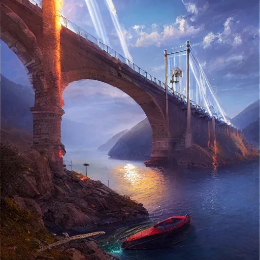 Prompt: Cannobio, St. Anna Gorge bridge, soft, light, bright, epic, awesome,digital art, by Simon baek and Greg rutkowski