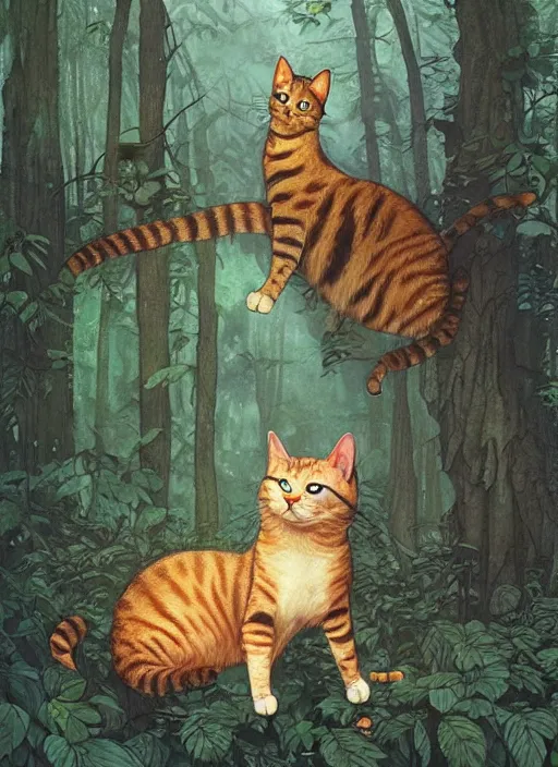 Image similar to a hyper realistic illustrated cat with happy lighting and technology jewelry in the woods gorgeous lighting, sunbeams blue sky, lush forest foliage painting by chiara bautista and beksinski and norman rockwell and greg rutkowski weta studio, and lucasfilm