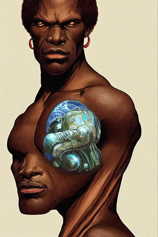 Image similar to portrait of giant african man with a muscular neck wearing a scifi dune stillsuit, nebula in the background, illustration by normal rockwell and alphonse mucha, artstation character concept art