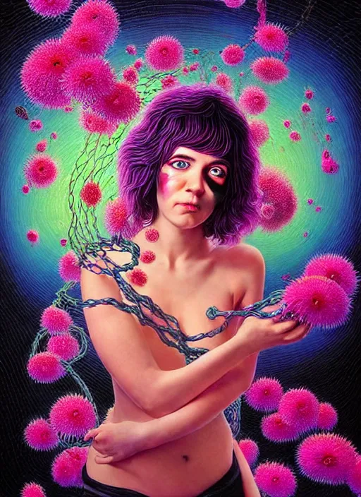 Image similar to hyper detailed 3d render like a Oil painting - Ramona Flowers with wavy black hair wearing thick mascara seen Eating of the Strangling network of colorful yellowcake and aerochrome and milky Fruit and Her staring intensely delicate Hands hold of gossamer polyp blossoms bring iridescent fungal flowers whose spores black the foolish stars by Jacek Yerka, Mariusz Lewandowski, cute silly face, Houdini algorithmic generative render, Abstract brush strokes, Masterpiece, Edward Hopper and James Gilleard, Zdzislaw Beksinski, Mark Ryden, Wolfgang Lettl, Dan Hiller, hints of Yayoi Kasuma, octane render, 8k