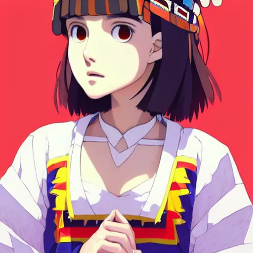 Image similar to a beautiful! boyish! natalie portman alluring gravure! model, wearing japanese school girl outfit with mayan pattern and native style, aztec street fashion, gapmoe yandere grimdark, trending on pixiv fanbox, painted by greg rutkowski makoto shinkai takashi takeuchi studio ghibli, akihiko yoshida