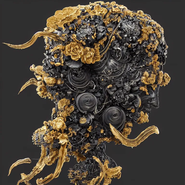 Image similar to black background. absolutely symmetrical sculpture. centered. goddess princess face close-up portrait ram skull. sculpture made of gold and black charcoal. jellyfish phoenix head, nautilus, orchid, skull, betta fish, bioluminiscent creatures, intricate artwork by Tooth Wu and wlop and beeple. octane render, trending on artstation, greg rutkowski very coherent symmetrical artwork. cinematic, hyper realism, high detail, octane render, 8k