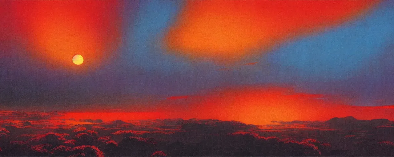 Prompt: awe inspiring bruce pennington landscape, orange sky, red cyan forest digital art painting of 1 9 6 0 s, japan at night, 4 k, 8 k, hyperdetailed, minimalist