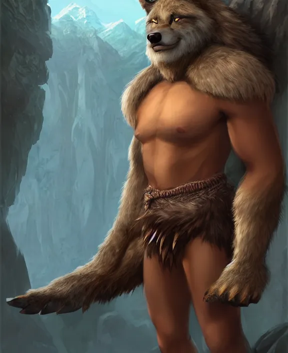 Image similar to burly tough character feature portrait of the anthro male anthropomorphic wolf fursona animal person wearing tribal primitive caveman loincloth outfit belt standing in the entrance to the cave, center framed character design stylized by charlie bowater, ross tran, artgerm, makoto shinkai, detailed, soft lighting, rendered in octane