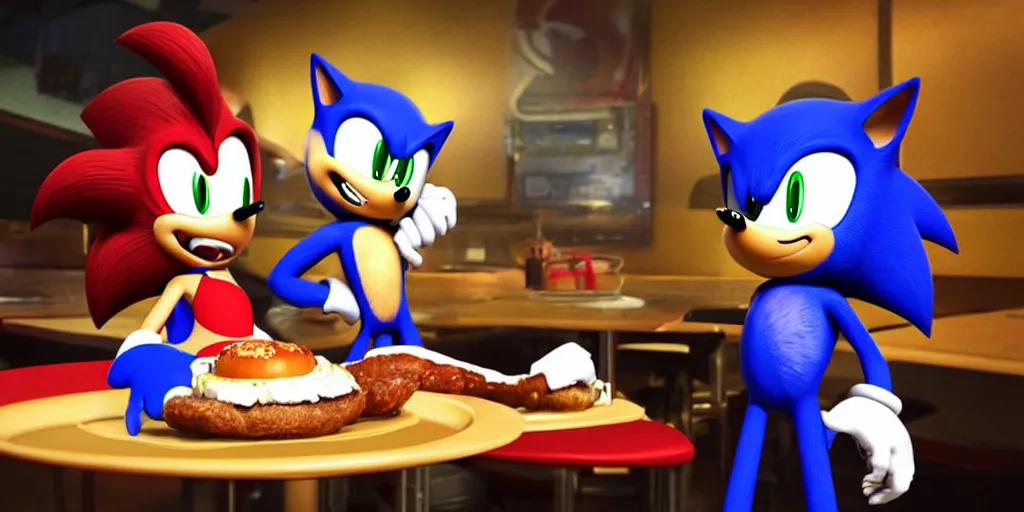 Image similar to A render of Sonic the Hedgehog sitting across from Shadow the Hedgehog at a restaurant, Sonic looks like he is shocked, Shadow is looking away in disgust, they both have hamburgers in front of them on a plate, movie, HDR, moody lighting, unique camera angle