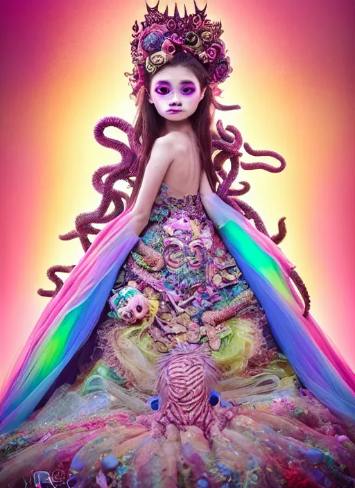 Image similar to A full body shot of a cute and mischievous young monster princess wearing an ornate gown. Covered in barnacles and tentacles. Dynamic Pose. Quinceanera dress. Rainbow palette. rainbowcore. Eldritch Beauty. defined facial features, symmetrical facial features. Opalescent surface. beautiful lighting. By Ruan Jia and Artgerm and Range Murata and WLOP and Ross Tran and William-Adolphe Bouguereau. Key Art. realistic, Hyperdetailed. Fantasy Illustration. Masterpiece. artstation, award winning, sharp, details, HD, HDR, 4K, 8K.