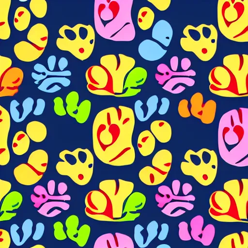 Image similar to seamless looping design of kittens on multicoloured paw print background