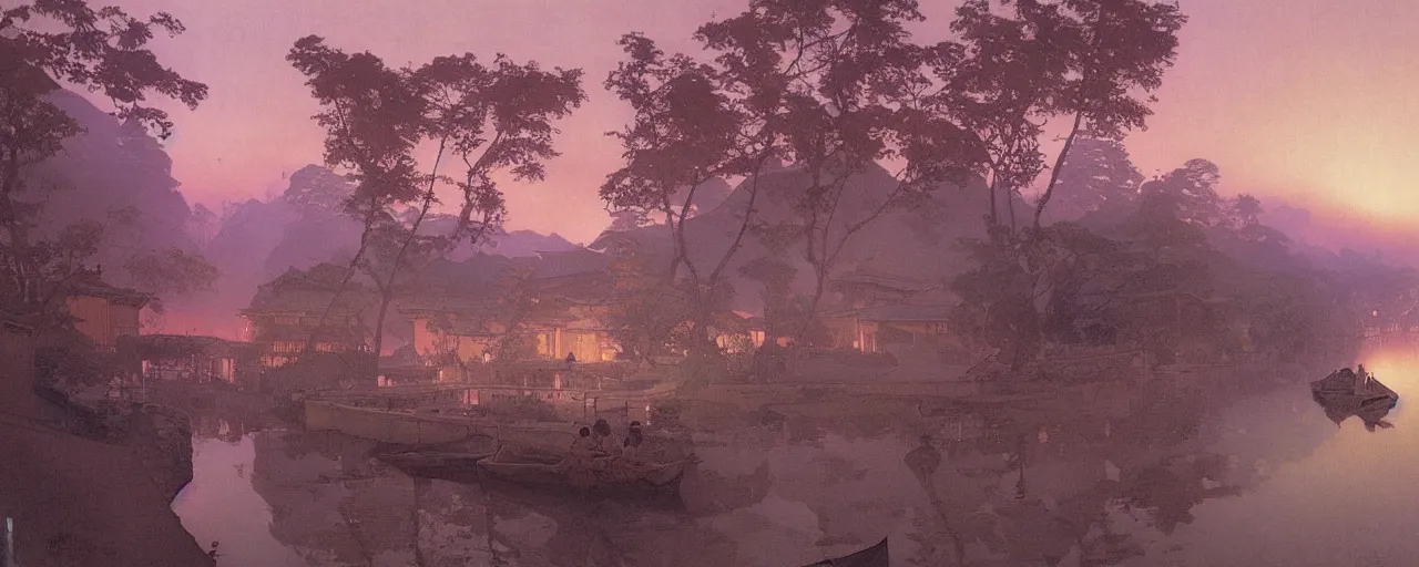 Image similar to a beautiful painting of an ancient japanese town nearby a small river in the evening by alfons maria mucha and ivan aivazovsky, ultra detailed, volumetric lighting, pink vibe