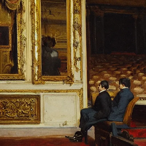 Image similar to a young man watching an actress on stage in an old theater, by alfred stevens