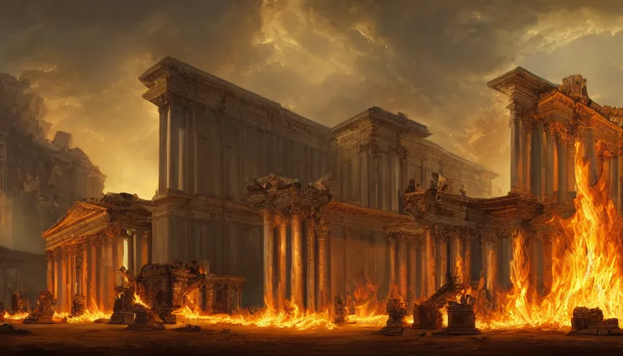 Prompt: Baroque painting of a gigantic Roman temple on fire, hyperdetailed, artstation, cgsociety, 8k