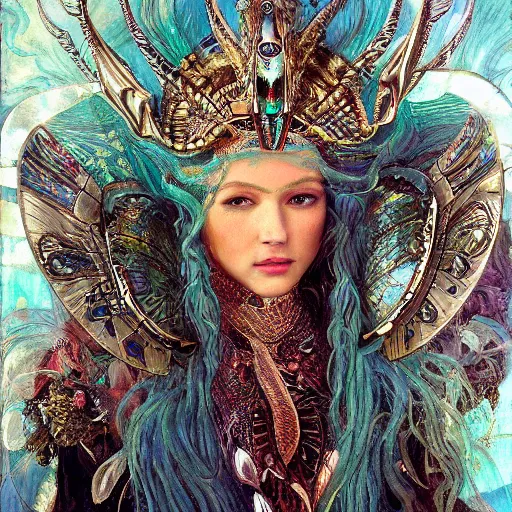 Prompt: intricate details, hyper details, by gaston bussiere, by sandro botticelli, wearing labradorite veils, wearing cybernetic crown, futuristic web witch, sumerian mystic lady of elche, egyptian techno mystic intergalactica electronic music artist, wearing labradorite armor with aqua neon rapunzel dreadlocks,