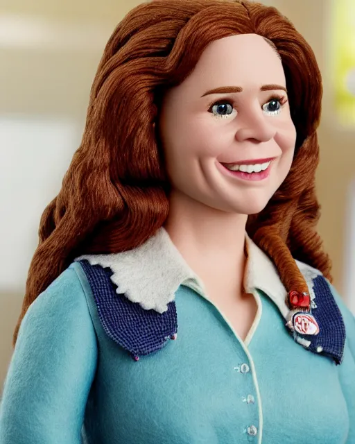 Image similar to pam beesley as a muppet. highly detailed felt. hyper real photo. 4 k.