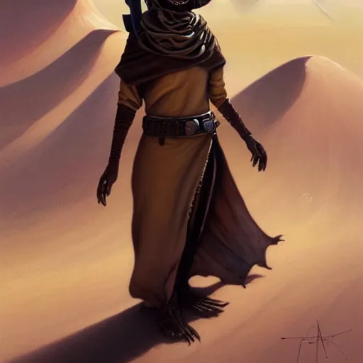 Image similar to a stunning hyperrealistic character from the movie Dune walking through an arid minimalistic desert with harsh noon sunlight, award-winning, masterpiece, in the style of Tom Bagshaw, Cedric Peyravernay, Peter Mohrbacher