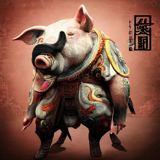Prompt: The Chinese Zodiac sign of pig warrior, traditional Chinese textures, hyper detail, Unreal engine,Octane render, by Brooke Shaden