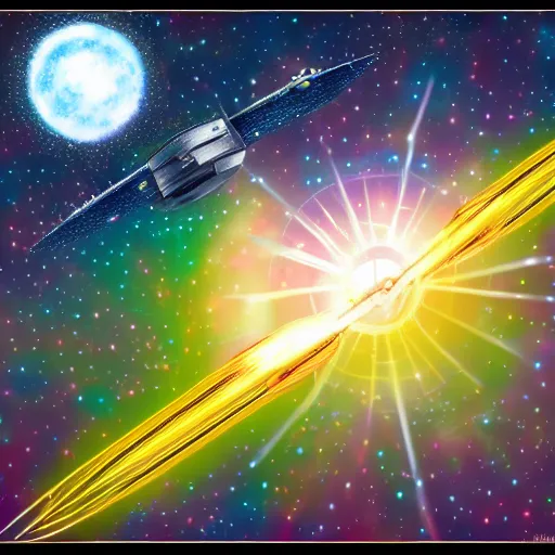 Image similar to spaceship traveling through stardust hyperspace. full color