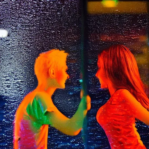 Image similar to close up through steamy window highschool kids making out in a car at night, raining!!! steamy windows!!, colorful!!, nighttime!!