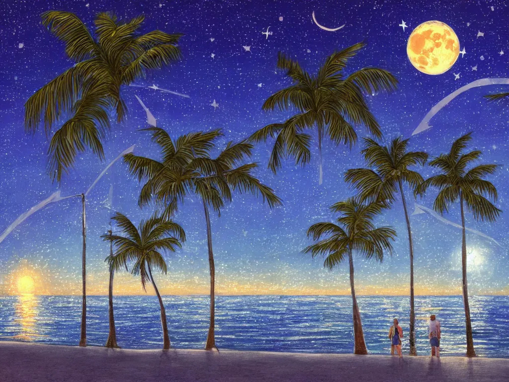 Image similar to night on a summer miami beach, city on the background, palm trees, footprints in the sand, full moon reflected in the calm ocean, starry sky 8 k, ultra detailed, trending on artstation, digital painting