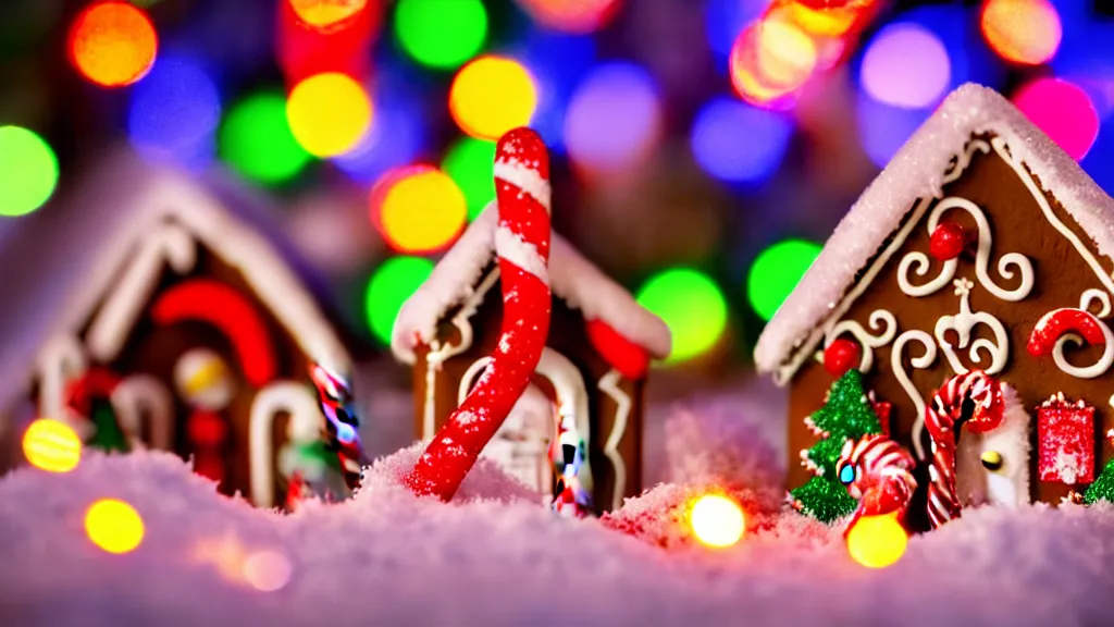 Prompt: closeup of colorful miniature gingerbread house at night, gingerbread people, candy canes, forest, christmas, snow, bokeh, depth of field 1 0 0 mm, cinematic scene, studio quality, visually stunning, unreal engine, octane render