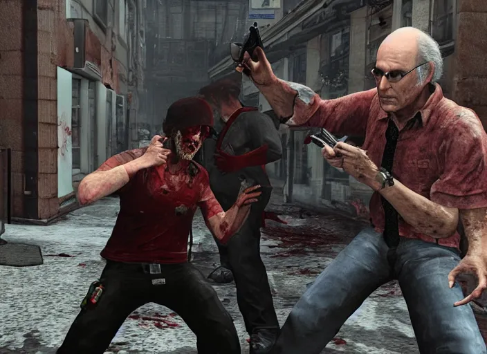Image similar to video game still of larry david as leon fighting off a zombie in the video game resident evil 2,