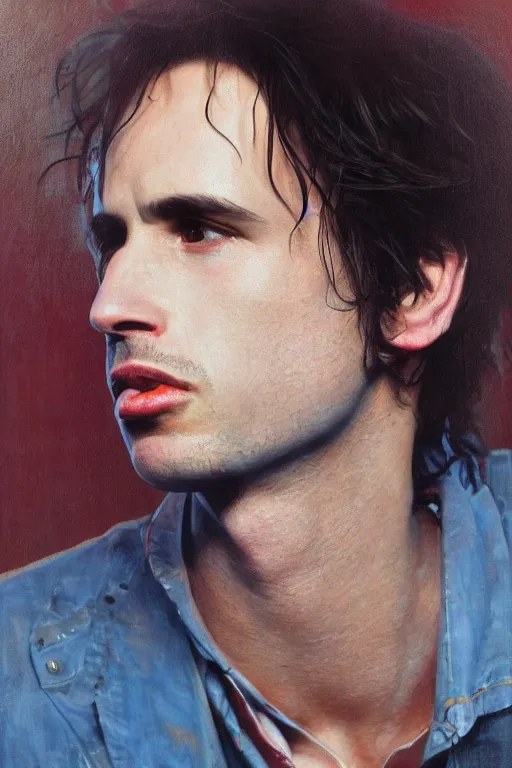 Prompt: jeff buckley, a portrait of jeff buckley, clear jeff buckley's face, vivid colors, soft lighting, atmospheric, cinematic, moody, in the style of jenni saville and krenz cushart, oil on canvas, 8 k