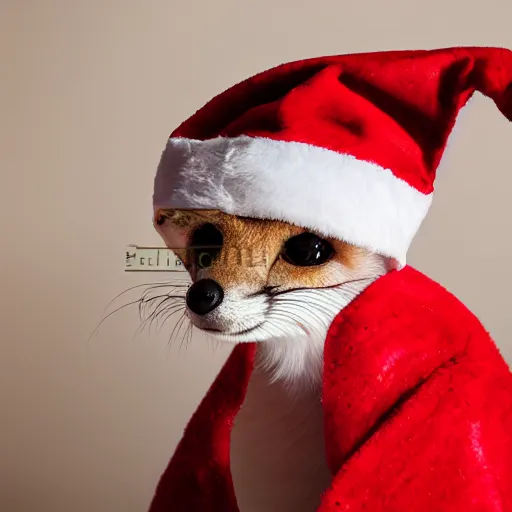 Prompt: a close up, studio colour photograph of a fennec fox wearing a santa hat, dramatic backlighting at golden hour, wide angle 15mm lens