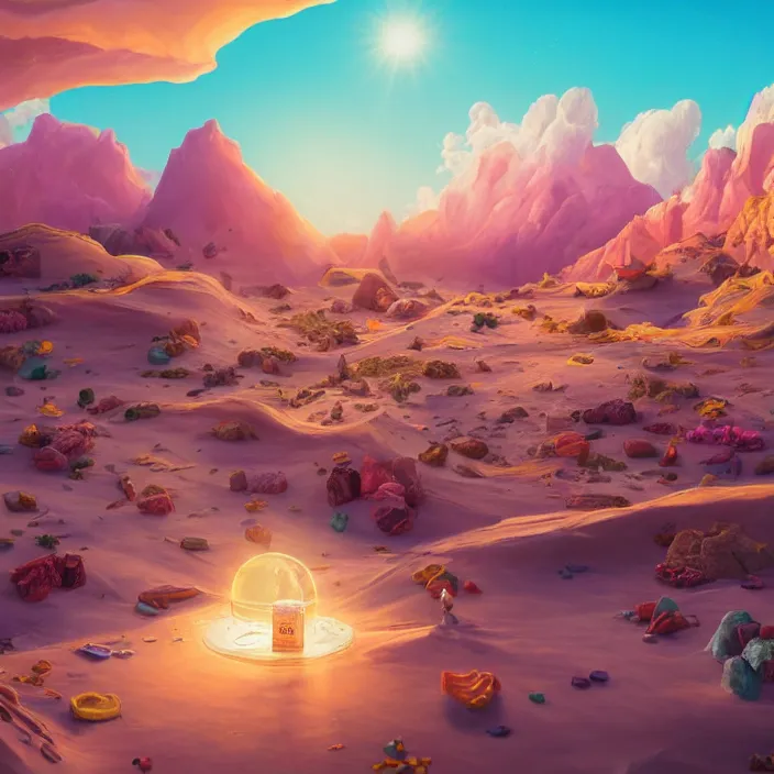 Image similar to desert made from icecream and candies, caramel colorful sun, luminescent sky, handsome, intricate, detailed, volumetric lighting, scenery, digital painting, highly detailed, artstation, sharp focus, illustration, 8 k, hyper realistic, magic world, cartoon