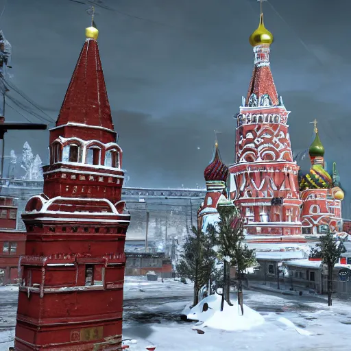 Image similar to Moscow Red Square post-nuclear war in the snow in Fallout 4, in game screenshot