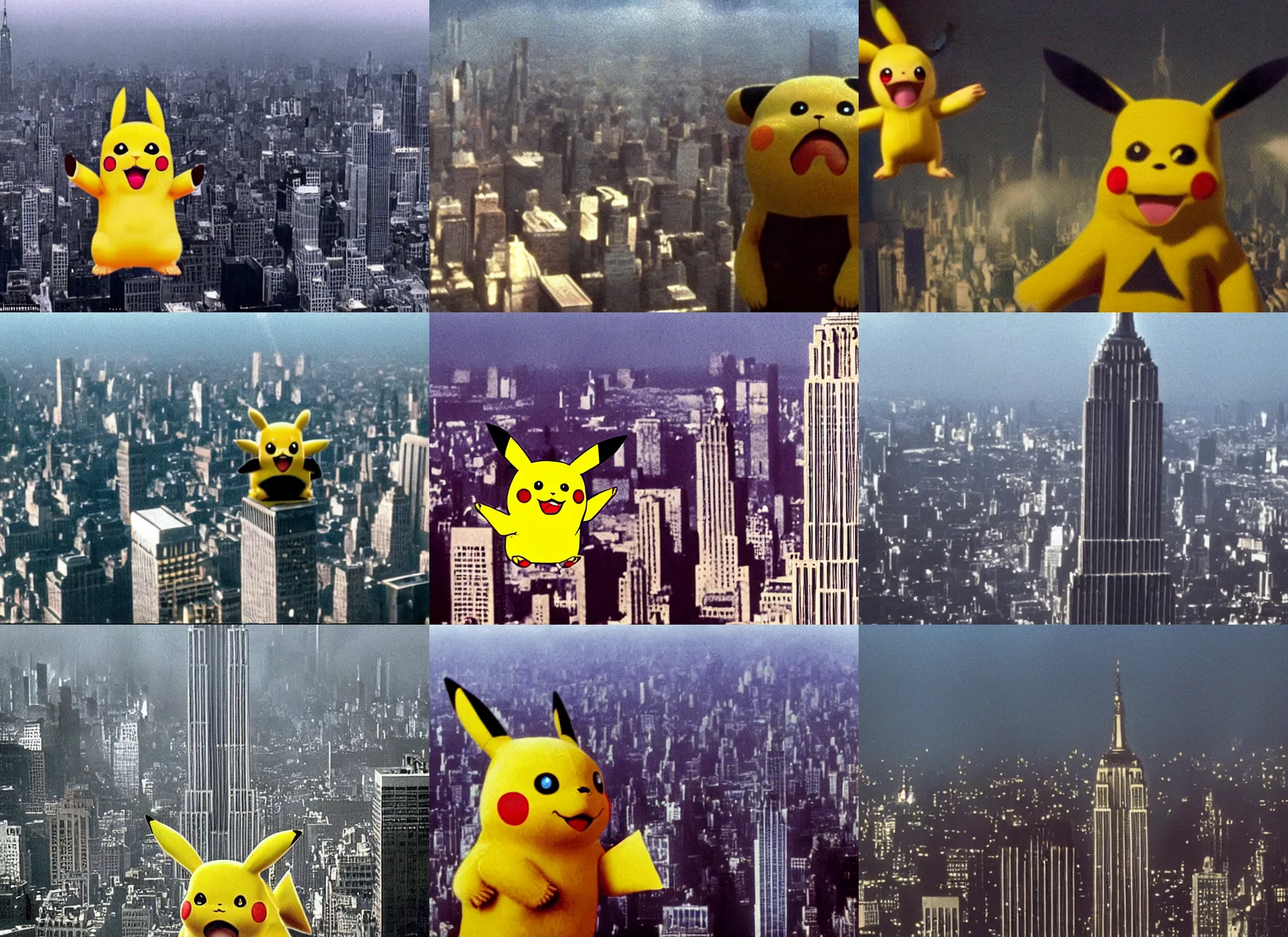 Prompt: a giant pikachu climbing the empire state building while holding a tiny misty in his hand in king kong ( 2 0 0 5 )