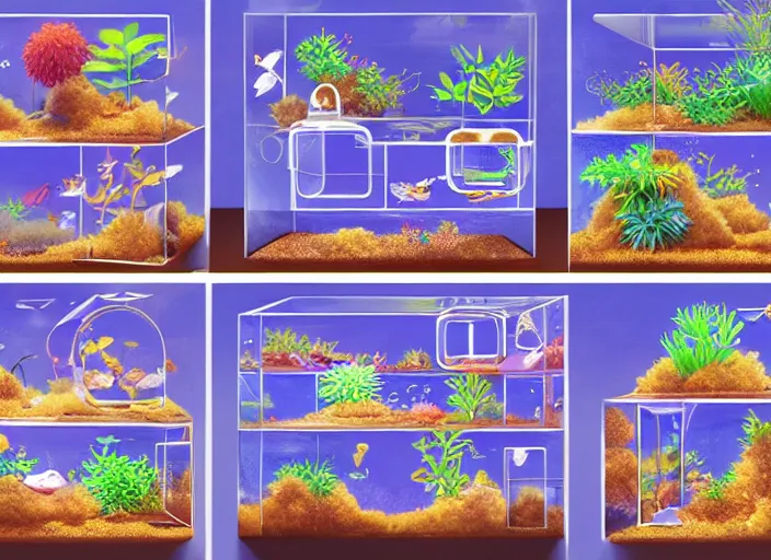 Image similar to arrays of betta tanks, pleasing two - point - perspective anime background clean neat clarity professional visual development set design, tiny cozy store with hanging bird cages and bright fish aquariums, sparse planted terrariums, dim painterly lighting volumetric aquatics, impasto, trending on pixiv