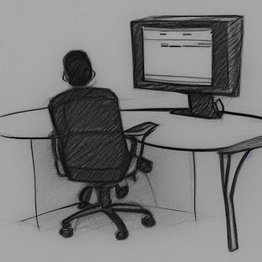 Image similar to a website designer sat in front of a computer desk pencil sketch