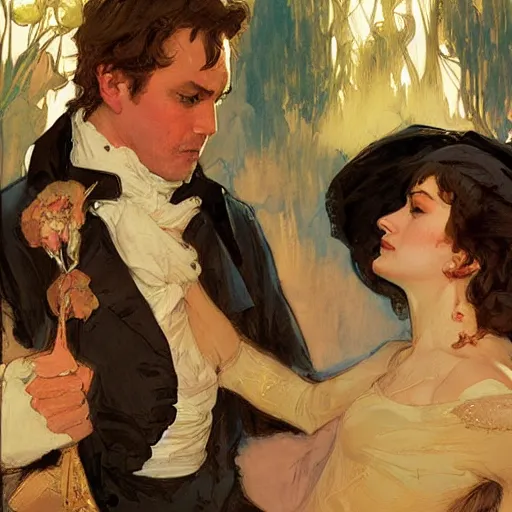 Prompt: pride and prejudice, intricate, elegant, highly detailed, greg manchess, mucha, liepke, ruan jia, jeffrey catherine jones, ridley scott