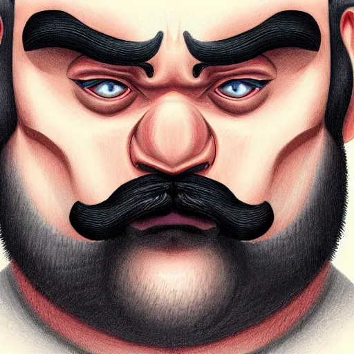 Image similar to face portrait a big beefy man with a large face, thick dark hair, a bushy black moustache, with hardly any neck and mean little eyes, highly detailed, sharp focus, trending on art station, colourful drawing