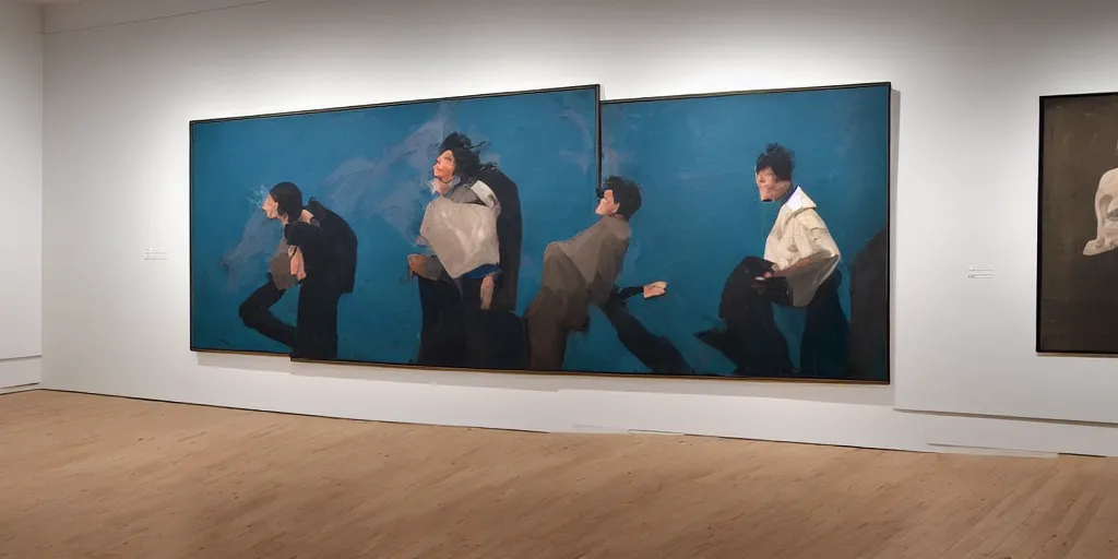 Image similar to an modern art gallery with pictures in the style of tim eitel and cool looking punks in 2 0 2 1